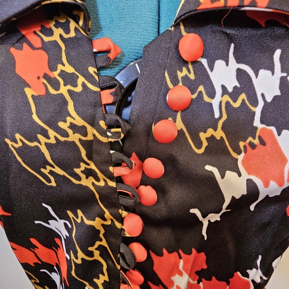 Black and red pattern retro satin taffeta like front slit lined maxi dress M - Picture 5 of 5